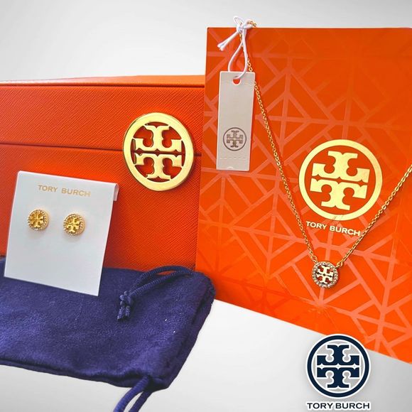 Tory Burch Jewelry - NWT Tory Burch Miller Pavé Logo Set  - 18k Gold Plated Necklace & Earrings $196